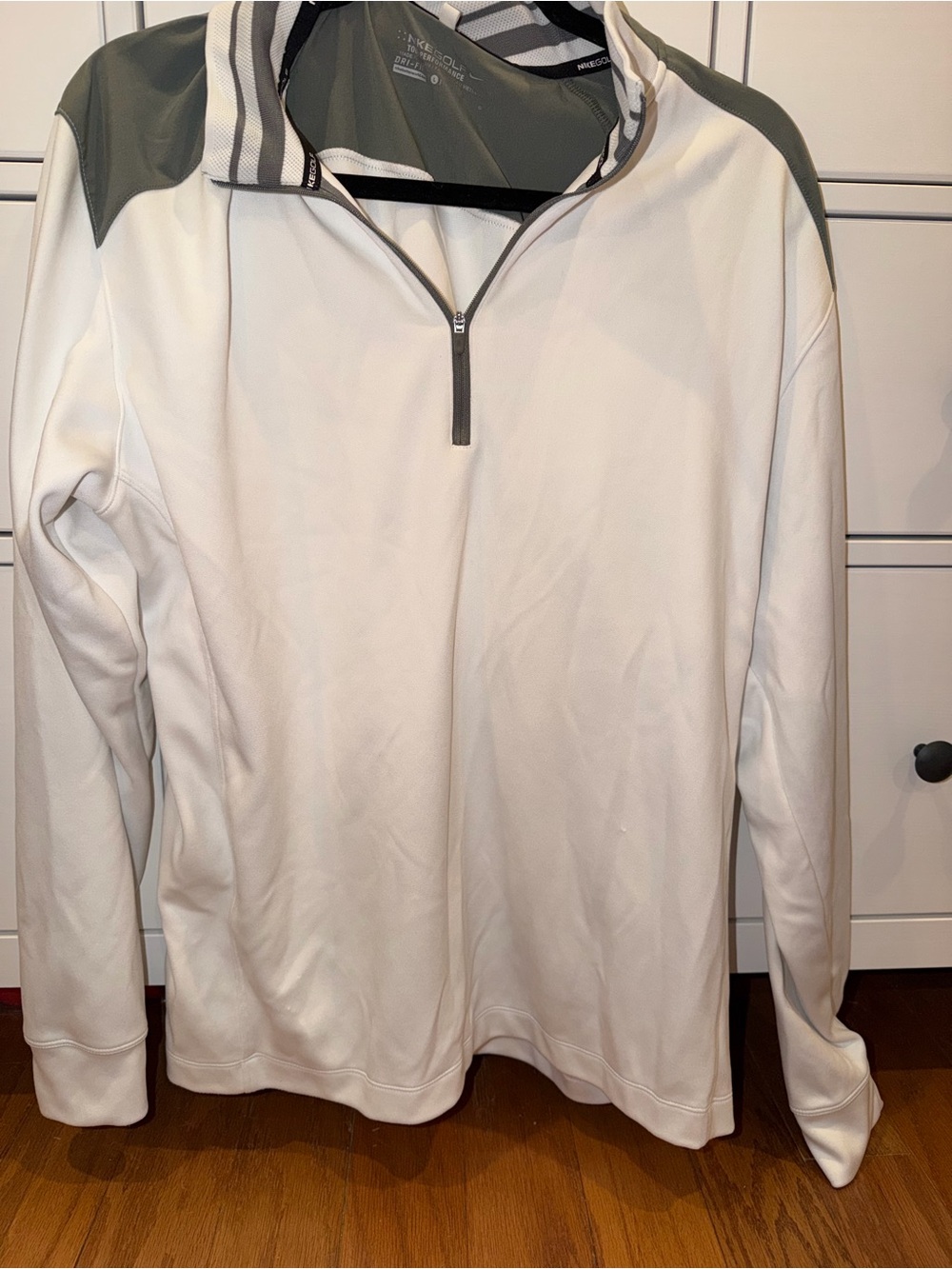 Nike White Quarter-Zip Pullover with Olive Shoulder Accents